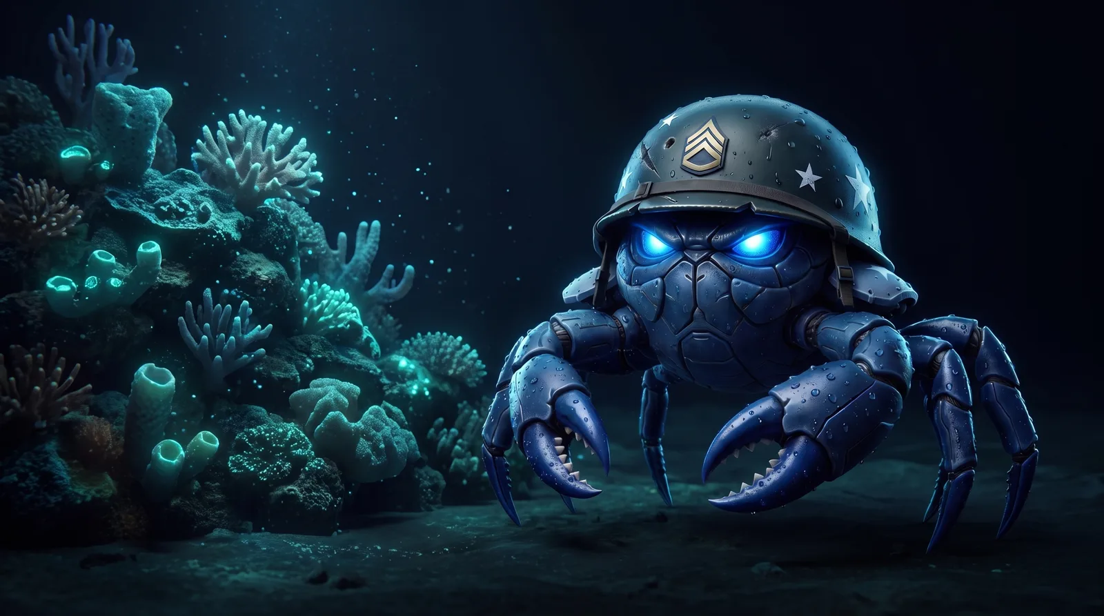 CrabStar standing guard over a glowing coral reef on the deep-sea floor